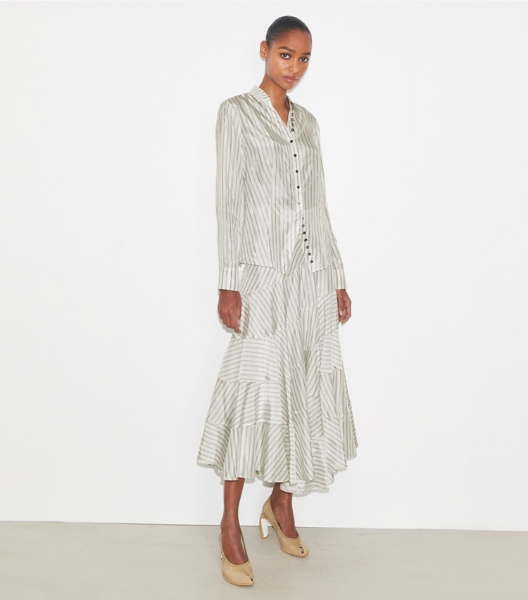 Tory Burch designer bottoms Asymmetrical Viscose Skirt in White/Gray/Black Helios Striped Lining on model front