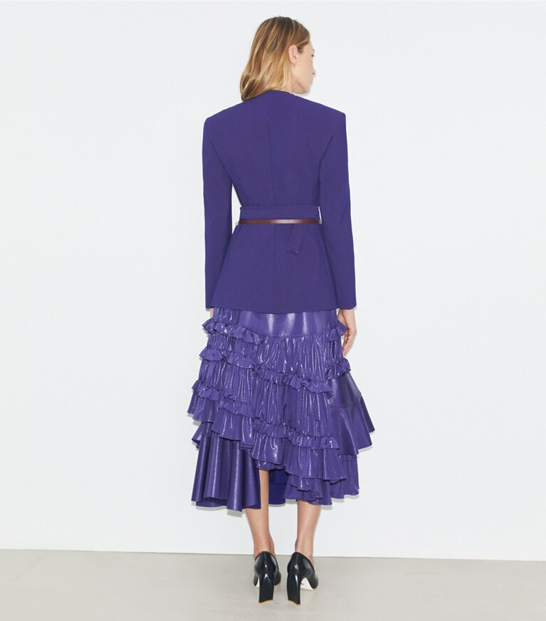 Tory Burch designer jacken Asymmetrische Wickeljacke aus Piqué in Ballpoint Blue front