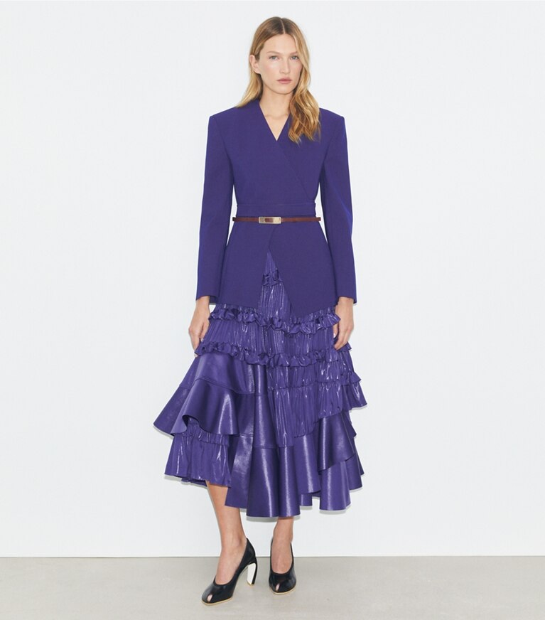 Tory Burch designer jacken Asymmetrische Wickeljacke aus Piqué in Ballpoint Blue front