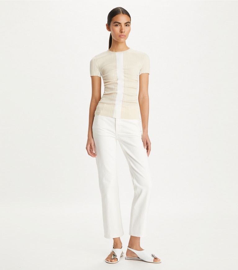 Tory Burch designer unterteile Ausgestellte Denim-Jeans in White Chalk Wash front