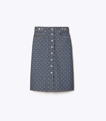 Tory Burch designer unterteile Ausgestellter Jeansrock in T Monogram Stone Wash front