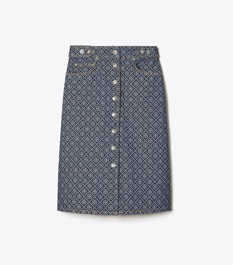 Tory Burch designer unterteile Ausgestellter Jeansrock in T Monogram Stone Wash front