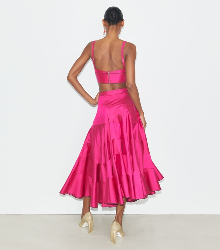 Tory Burch designer unterteile Ausgestellter Rock aus Baumwolle und Seide in Bold Pink on model back