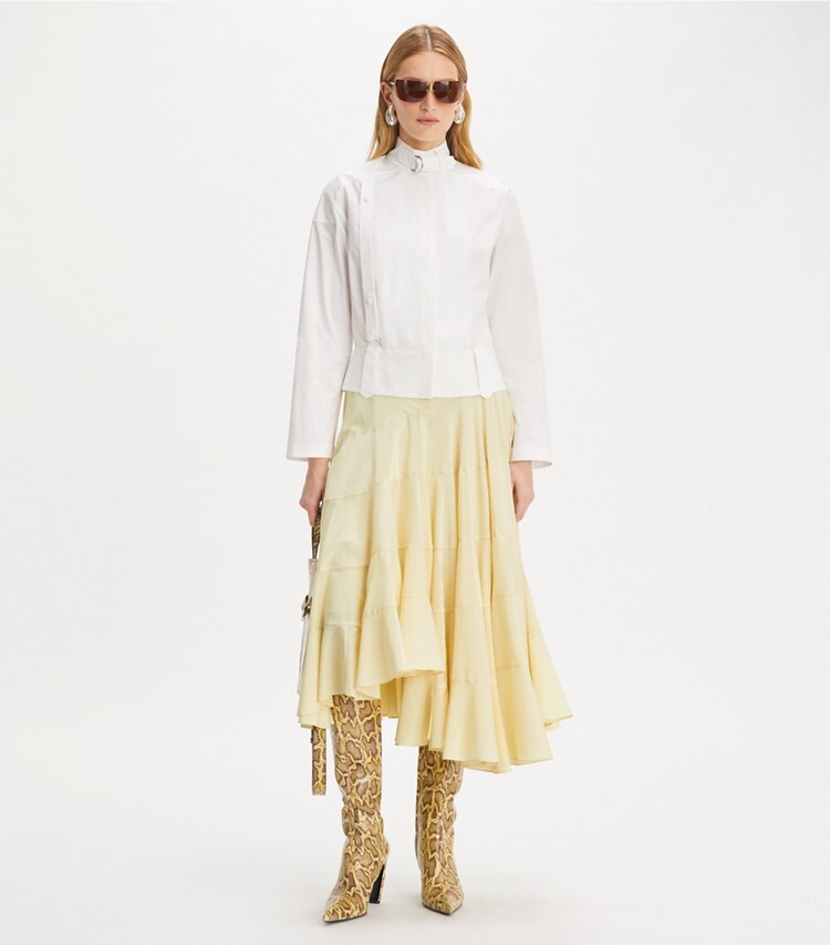 Tory Burch designer unterteile Ausgestellter Rock aus Baumwolle und Seide in Pale Almond modell von vorn