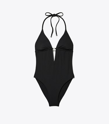 Tory Burch diseñador enterizos Bañador con cuello halter en BLACK frontal