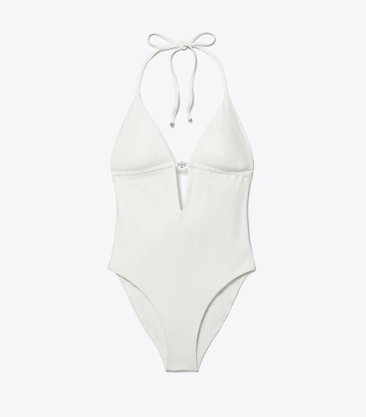 Tory Burch diseñador enterizos Bañador con cuello halter en White frontal