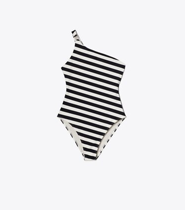 Tory Burch diseñador enterizos Bañador de rayas de un hombro en Black / Ivory frontal