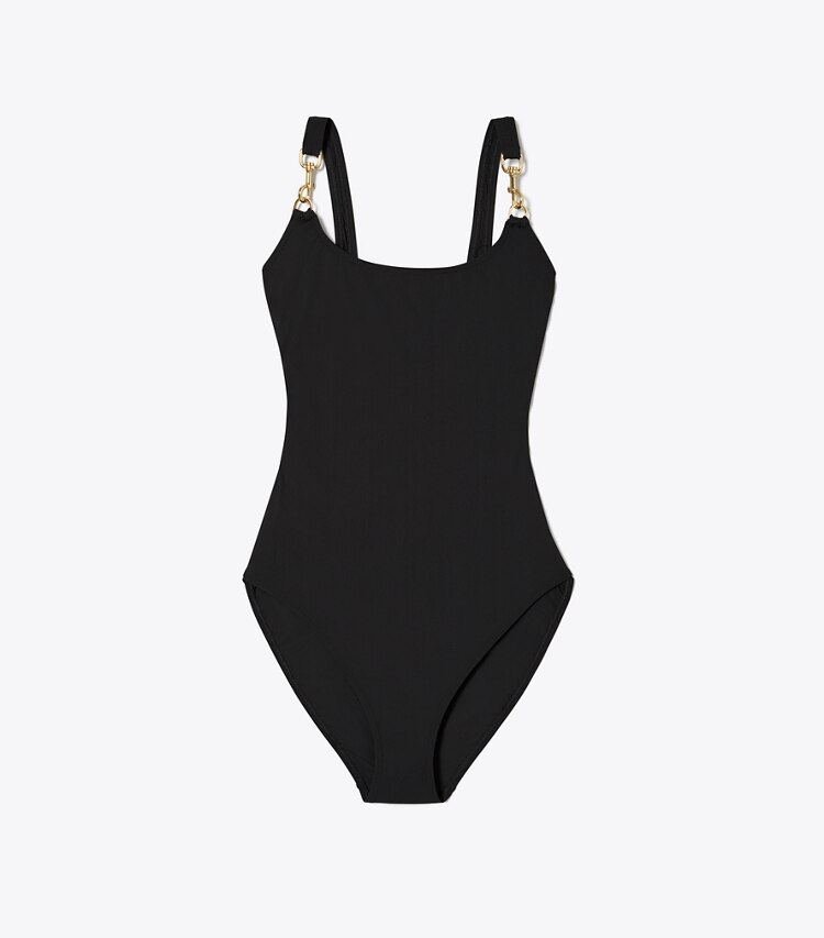 Tory Burch diseñador enterizos Bañador sin mangas con clip en Black / Gold frontal