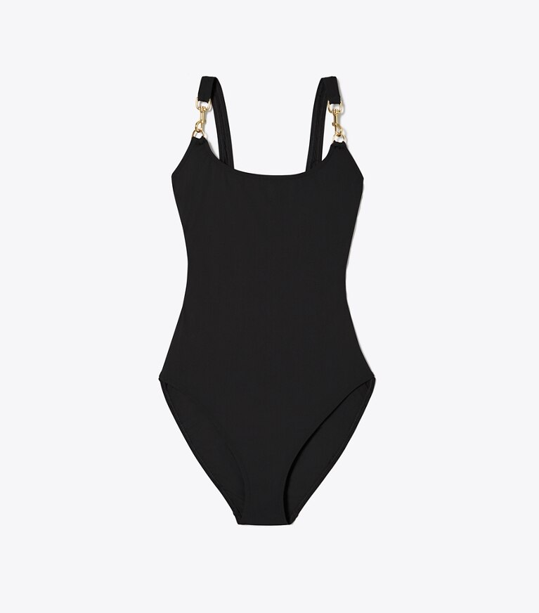 Tory Burch diseñador enterizos Bañador sin mangas con clip en Black / Gold frontal