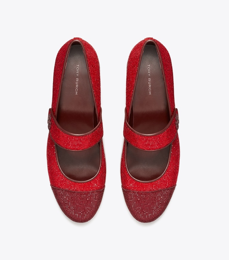 Tory Burch designer mocassins Babies à talon et bout contrasté, pavées de cristaux in RUBY / PLUM angle