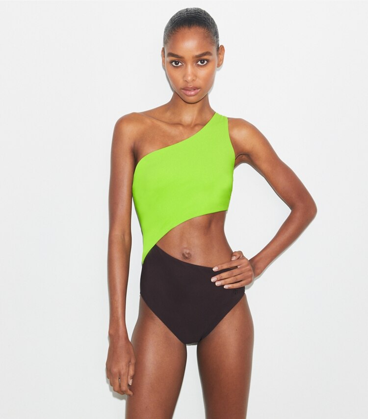Tory Burch designer badeanzüge Badeanzug mit Cutout in Deep Chocolate / Vivid Lime on model detail