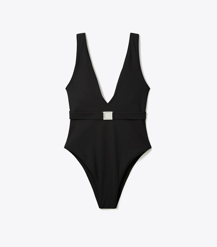 Tory Burch designer badeanzüge Badeanzug mit Gürtel und Logo in Black front
