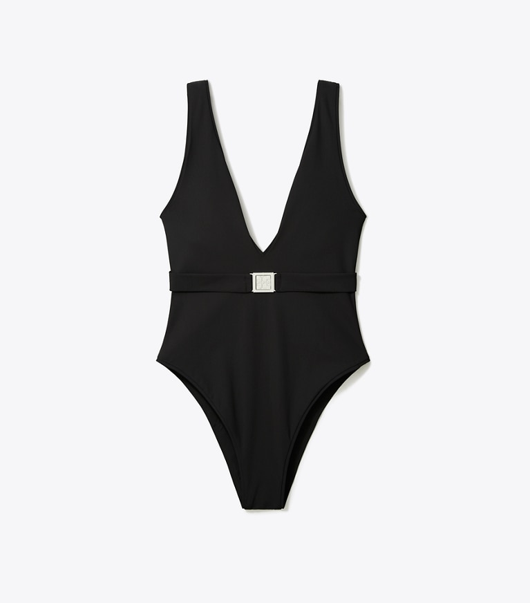 Tory Burch designer badeanzüge Badeanzug mit Gürtel und Logo in Black front