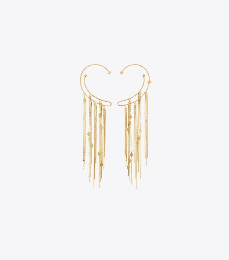 Tory Burch designer boucles d'oreilles Bague d'oreille à chaîne Runway dans Light Brass / Crystal de face