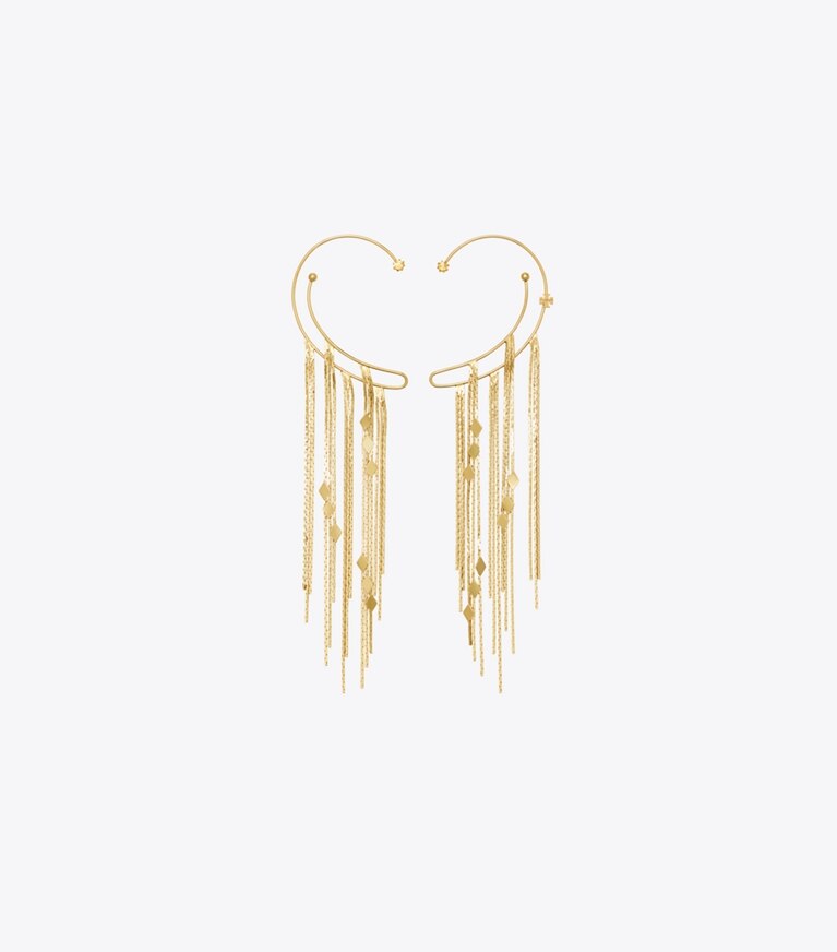 Tory Burch designer boucles d'oreilles Bague d'oreille à chaîne Runway dans Light Brass / Crystal de face