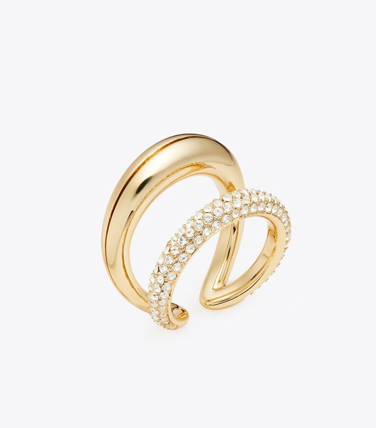 Tory Burch designer bagues Bague double à sertissage en pavé Pierced dans Light Brass / Crystal angle
