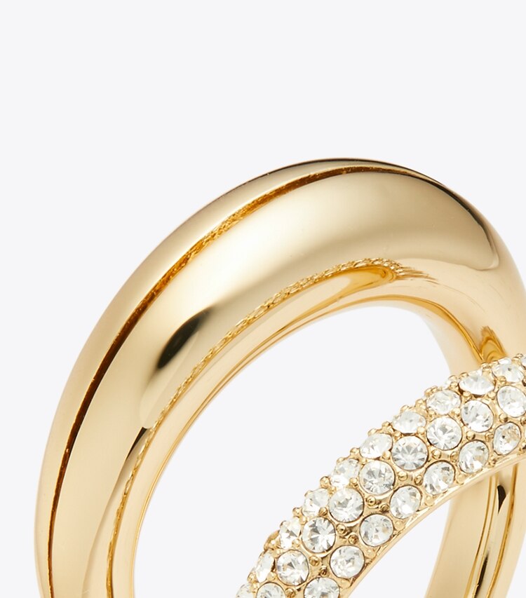 Tory Burch designer bagues Bague double à sertissage en pavé Pierced dans Light Brass / Crystal détails