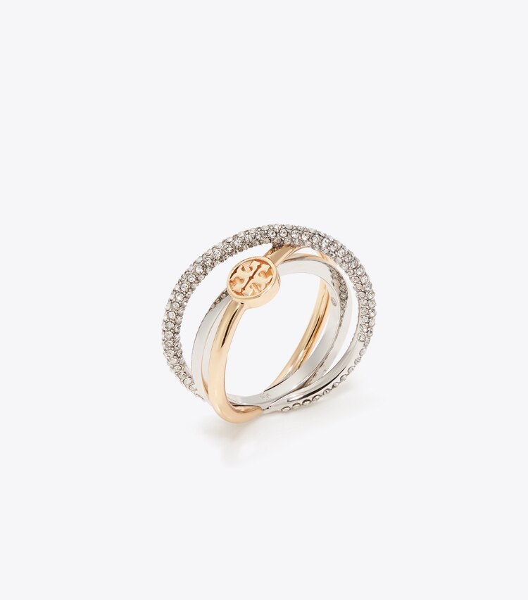 Tory Burch designer bagues Bague triple à pavé Icon dans Tory Gold / Tory Silver / Crystal angle
