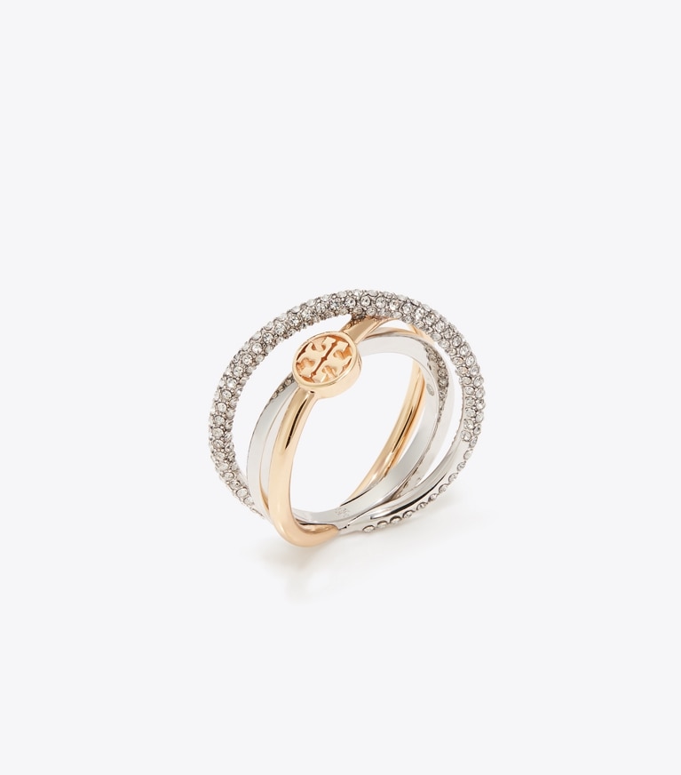 Tory Burch designer bagues Bague triple Icon pavée in Tory Gold / Tory Silver / Crystal angle