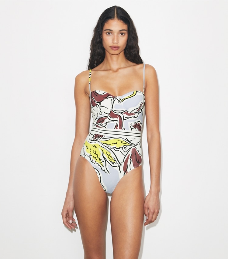 Tory Burch designer badeanzüge Balconette-Badeanzug in Lilac Cherubs on model detail