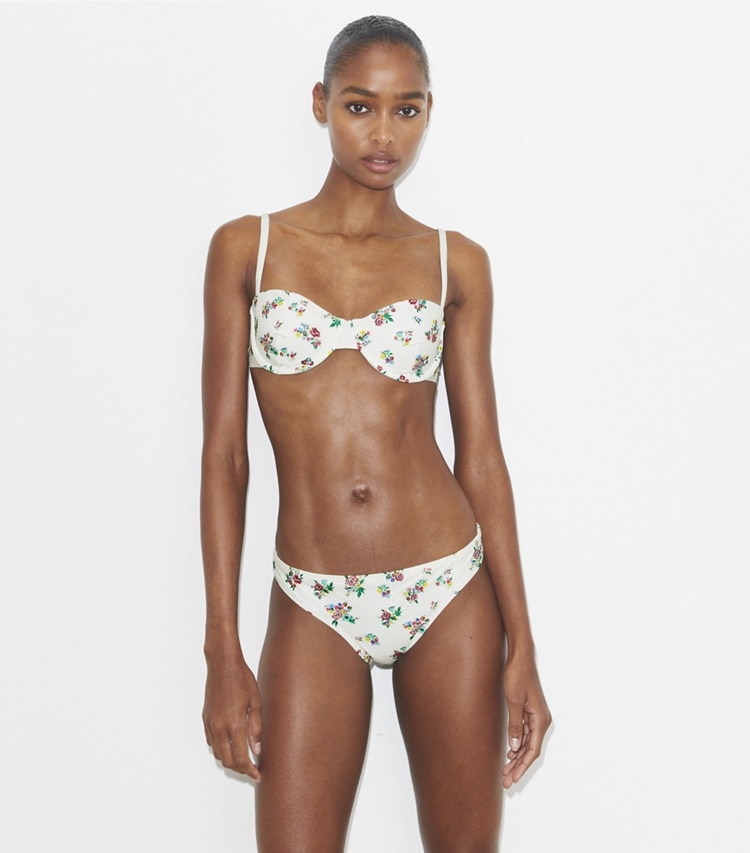 Tory Burch designer two pieces Balconette Bikini Top in Multi Ditsy Floral on model detail