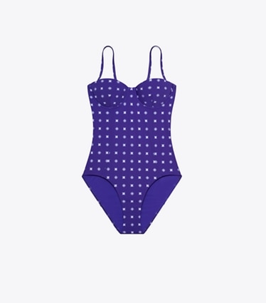 Tory Burch designer one pieces Balconette Swimsuit in Ballpoint Ink Nothing Ditsy front