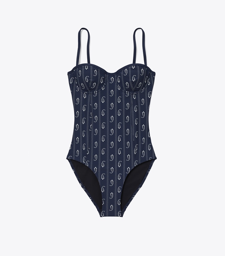 Tory Burch designer one pieces Balconette Swimsuit in Blue Paisley front
