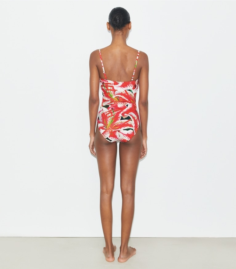 Tory Burch designer one pieces Balconette Swimsuit in Pink Lily front