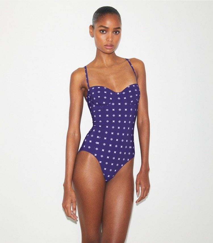 Tory Burch designer one pieces Balconette Swimsuit in Ballpoint Ink Nothing Ditsy on model detail