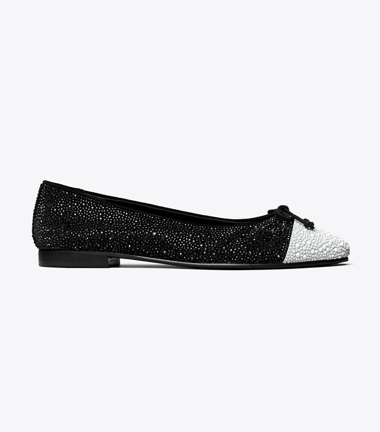 Tory Burch designer mocassini Ballerina a punta con cristalli in PERFECT BLACK / OPTIC WHITE angle
