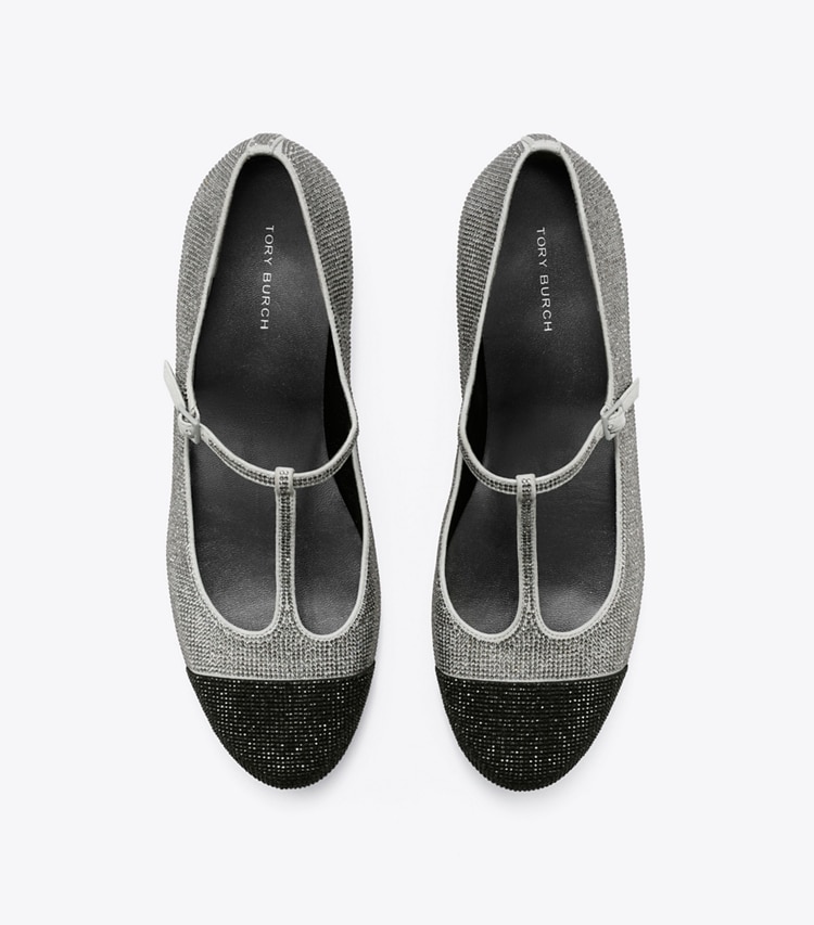 Tory Burch designer mocassini Ballerina a punta con tacco, cinturino a T e pavé in LAPIS GRAY / BLACK DIAMOND superiore