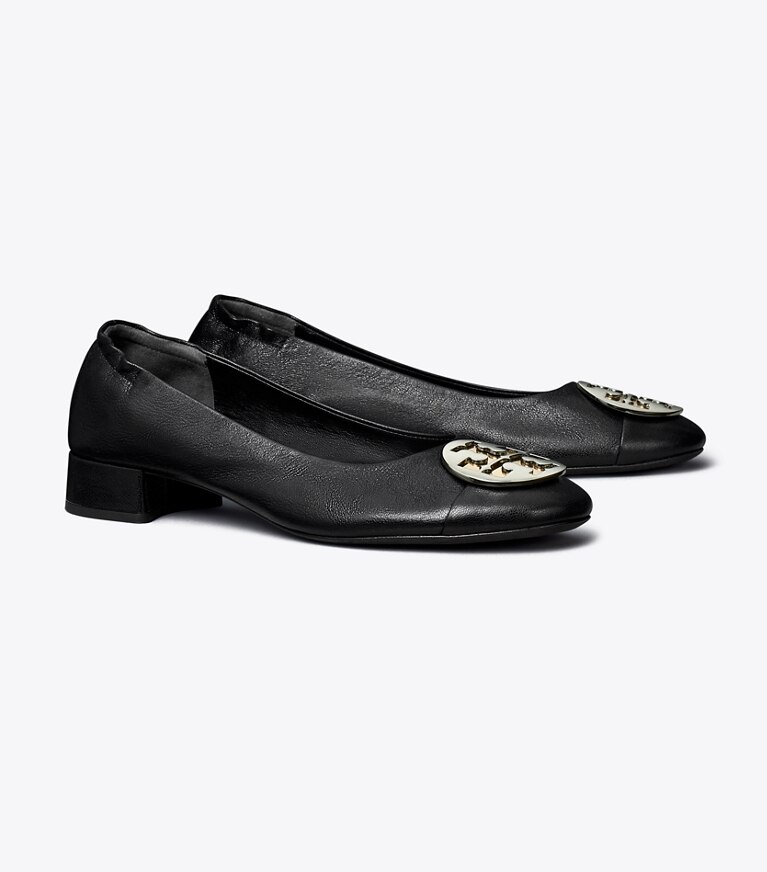 Tory Burch designer mocassini Ballerina Claire a punta con tacco in PERFECT BLACK / GOLD / SILVER angle