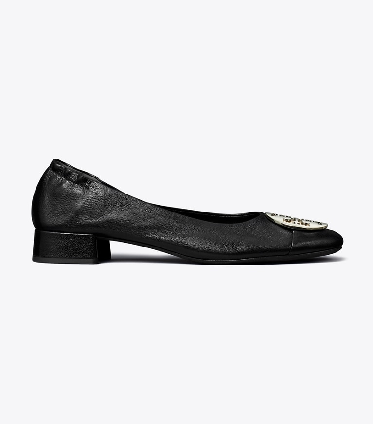 Tory Burch designer mocassini Ballerina Claire a punta con tacco in PERFECT BLACK / GOLD / SILVER angle