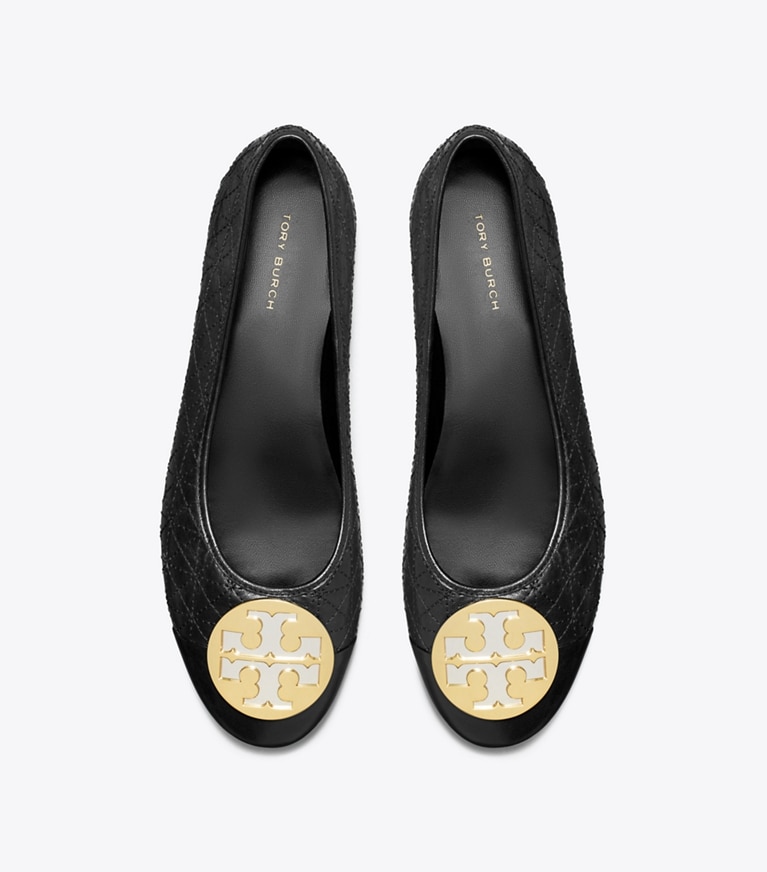 Tory Burch designer mocassini Ballerina Claire matelassé in PERFECT BLACK / GOLD / SILVER angle