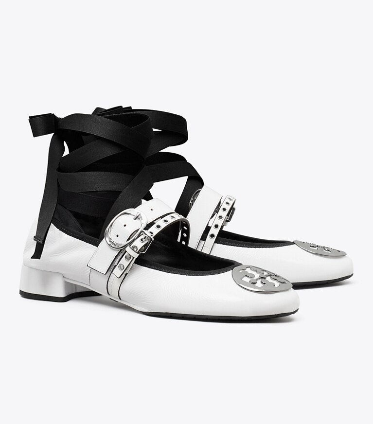 Tory Burch diseñador zapatos planos Ballerina con tacón Reva Punk en CIRRUS CLOUD / SILVER ángulo