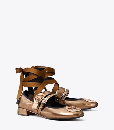 Tory Burch diseñador zapatos planos Ballerina con tacón Reva Punk en COPPER FREEZE / COPPER ángulo