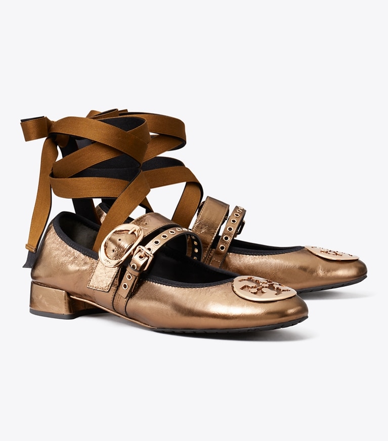 Tory Burch diseñador zapatos planos Ballerina con tacón Reva Punk en COPPER FREEZE / COPPER ángulo