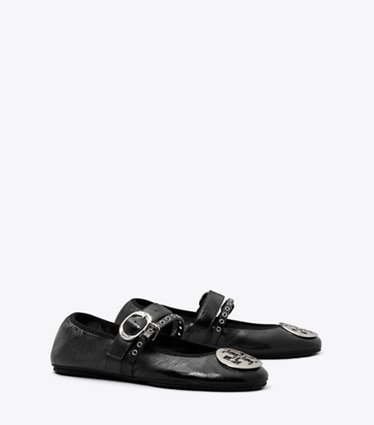 Tory Burch diseñador zapatos planos Ballerina de viaje Reva Punk en PERFECT BLACK / SILVER ángulo