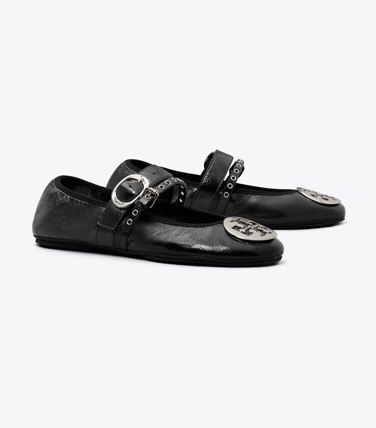 Tory Burch diseñador zapatos planos Ballerina de viaje Reva Punk en PERFECT BLACK / SILVER ángulo