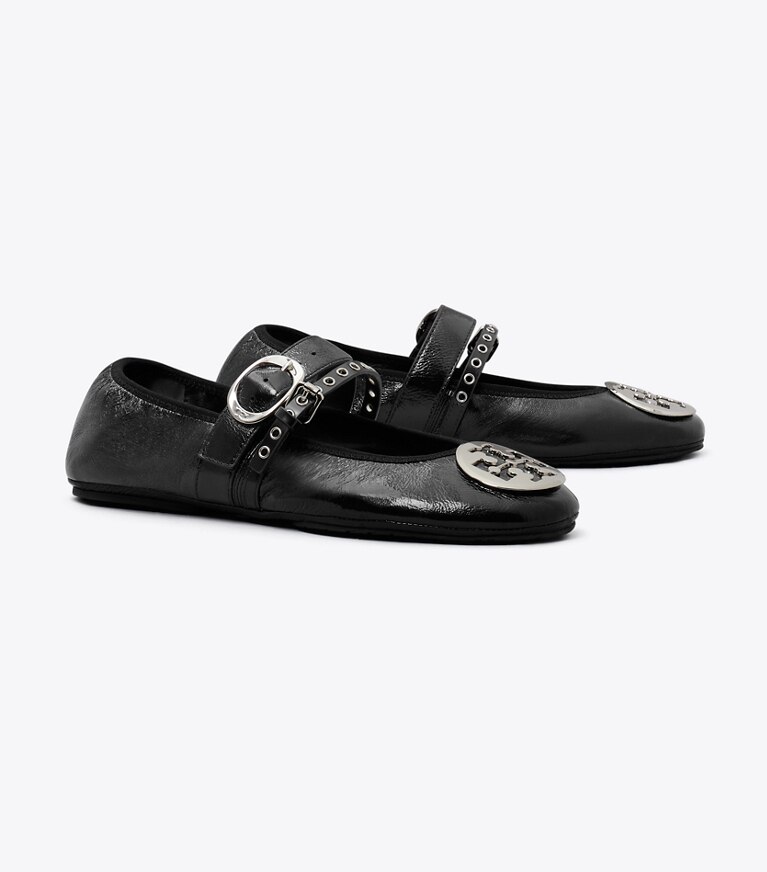 Tory Burch diseñador zapatos planos Ballerina de viaje Reva Punk en PERFECT BLACK / SILVER ángulo