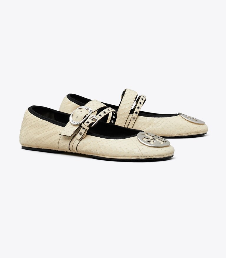 Tory Burch diseñador zapatos planos Ballerina de viaje Reva Punk en BUTTER / SILVER ángulo
