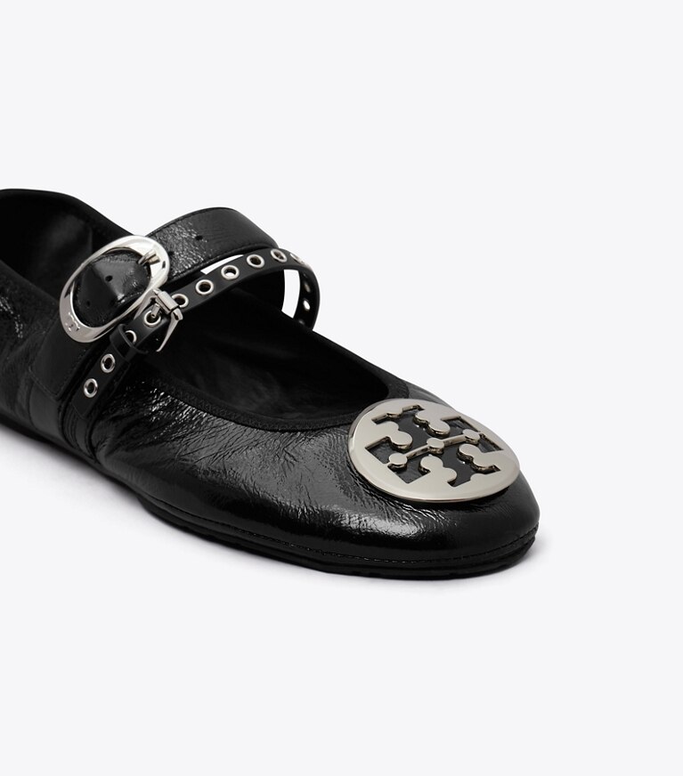 Tory Burch diseñador zapatos planos Ballerina de viaje Reva Punk en PERFECT BLACK / SILVER detalle