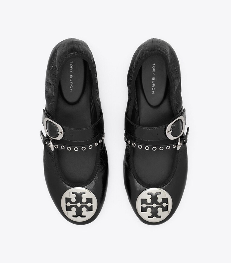 Tory Burch diseñador zapatos planos Ballerina de viaje Reva Punk en PERFECT BLACK / SILVER vista superior