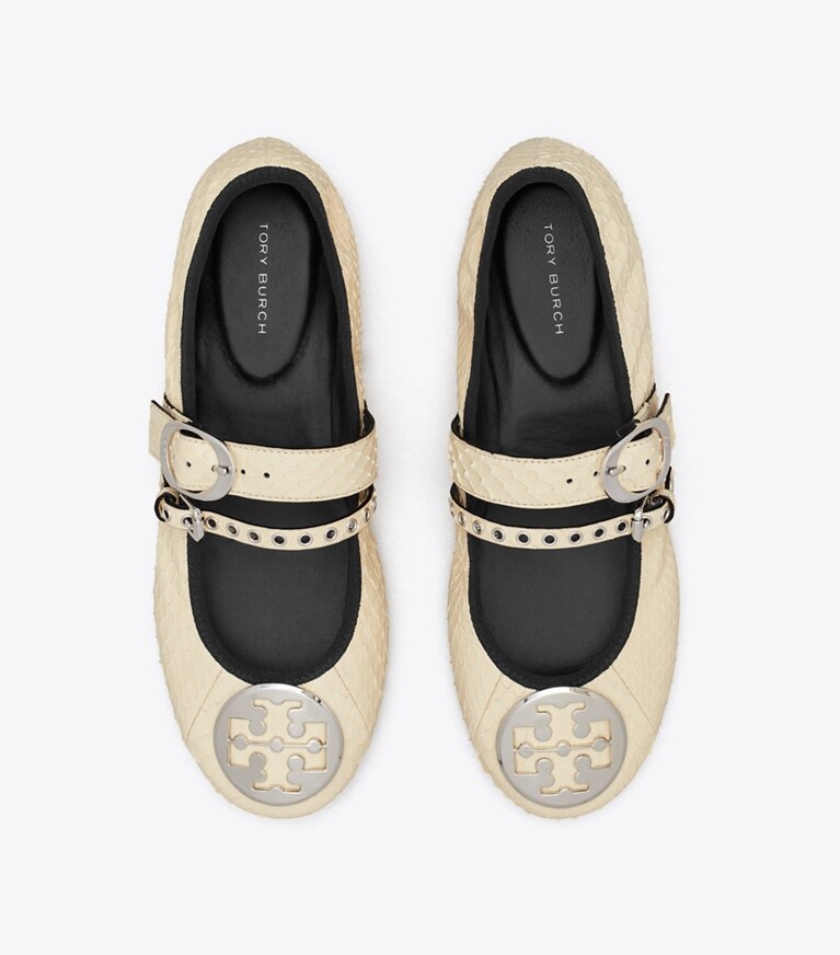 Tory Burch diseñador zapatos planos Ballerina de viaje Reva Punk en BUTTER / SILVER vista superior