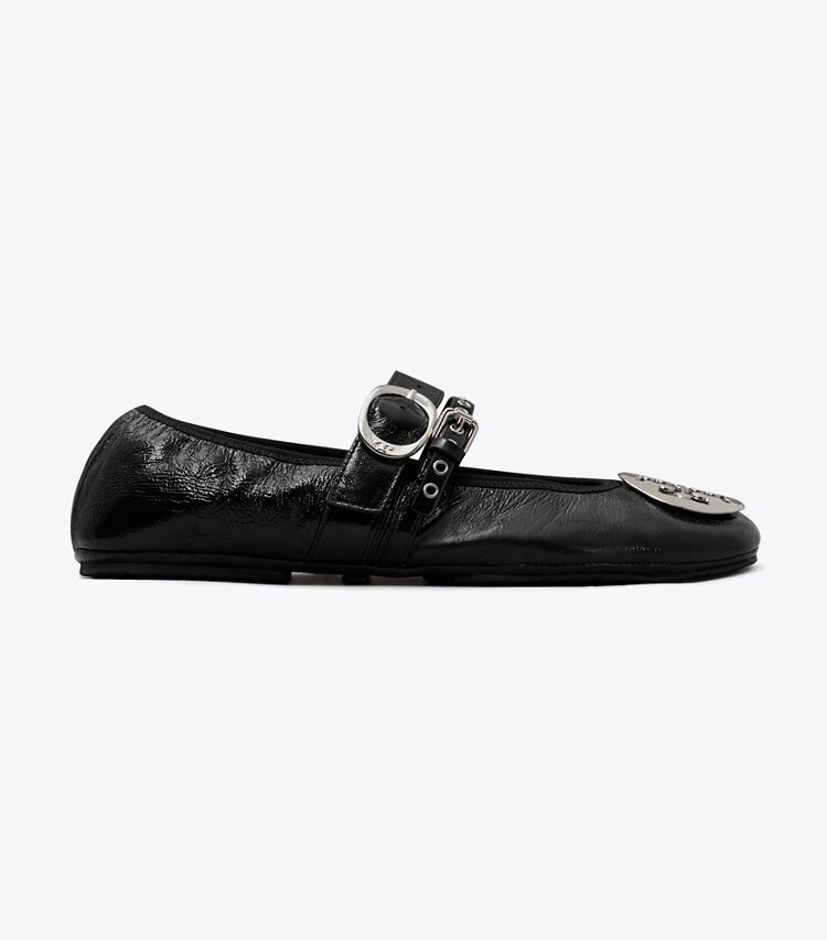 Tory Burch diseñador zapatos planos Ballerina de viaje Reva Punk en PERFECT BLACK / SILVER lateral