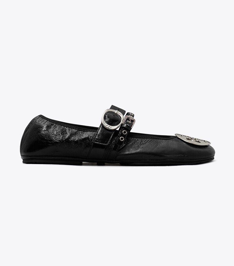 Tory Burch diseñador zapatos planos Ballerina de viaje Reva Punk en PERFECT BLACK / SILVER lateral