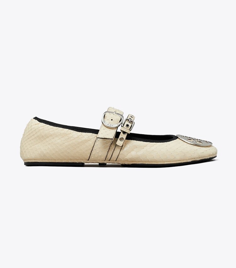 Tory Burch diseñador zapatos planos Ballerina de viaje Reva Punk en BUTTER / SILVER lateral