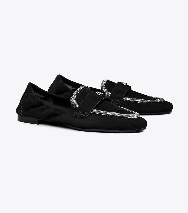 Tory Burch designer loafers Ballerina-Loafer aus Wildleder in PERFECT BLACK / CRYSTAL angle