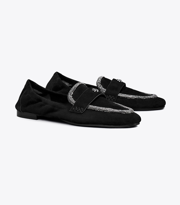 Tory Burch designer loafers Ballerina-Loafer aus Wildleder in PERFECT BLACK / CRYSTAL angle