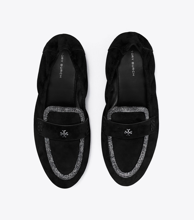 Tory Burch designer loafers Ballerina-Loafer aus Wildleder in PERFECT BLACK / CRYSTAL angle
